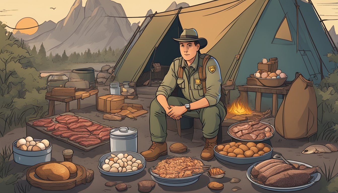 A park ranger surrounded by meat, fish, and eggs, with a campfire in the background