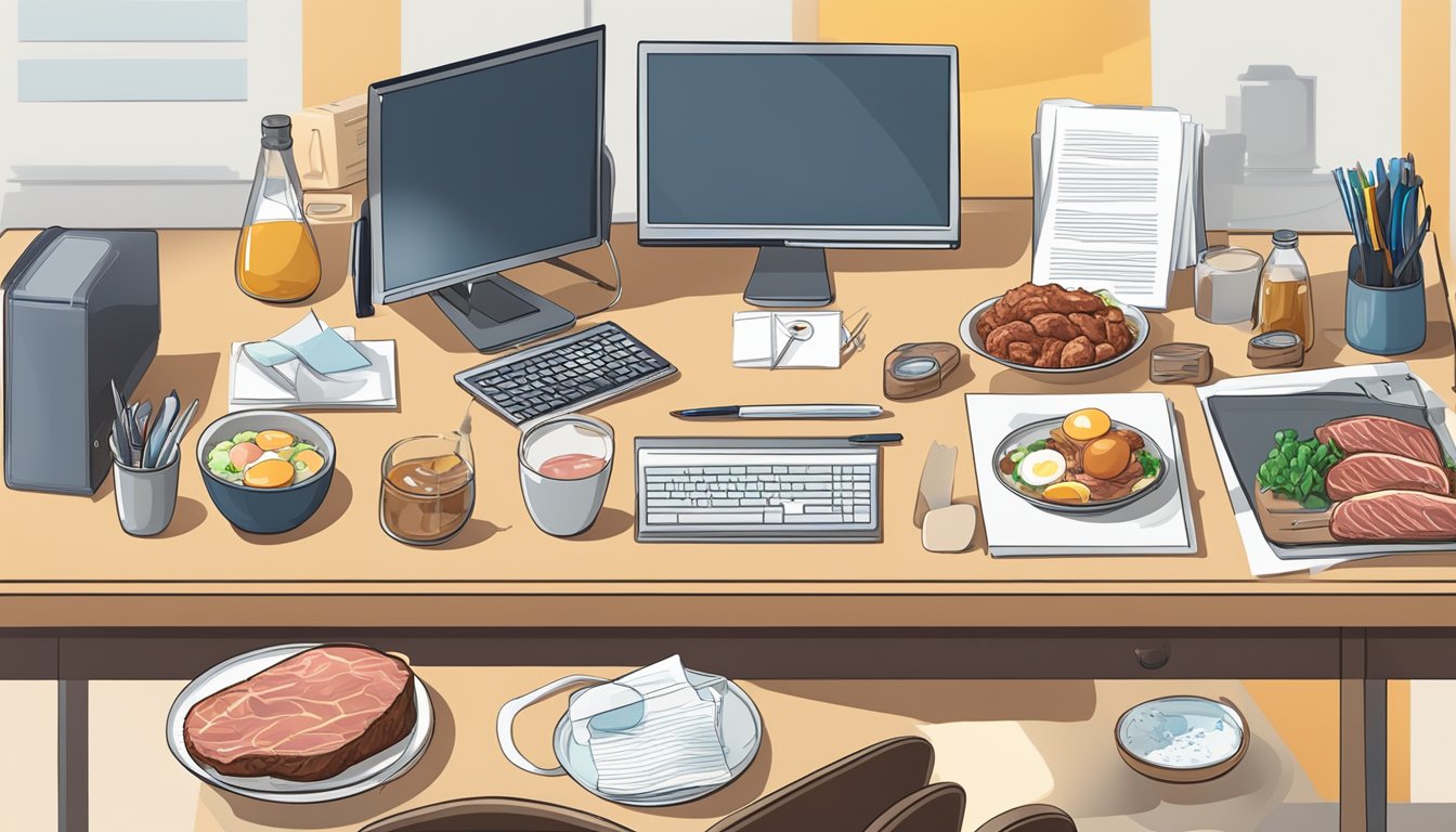 An office desk with a plate of meat, eggs, and dairy surrounded by a computer, papers, and a water bottle