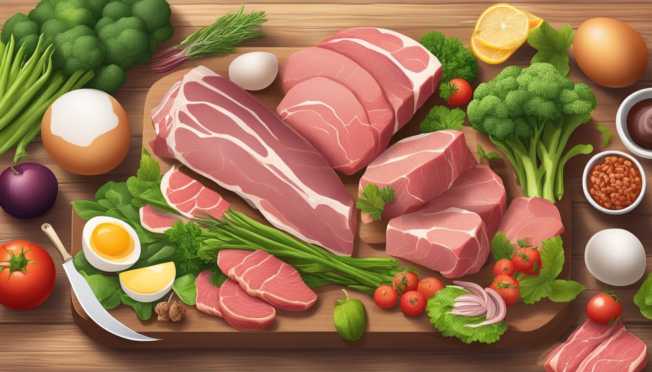 A variety of fresh meat, fish, eggs, and organ meats arranged on a wooden table, surrounded by vibrant green vegetables and fruits