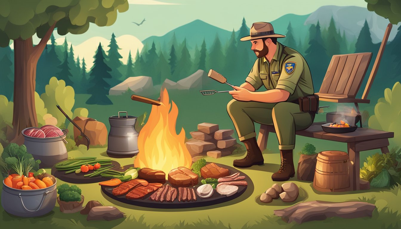 A park ranger grilling meat over a campfire, surrounded by a variety of fresh animal products and vegetables