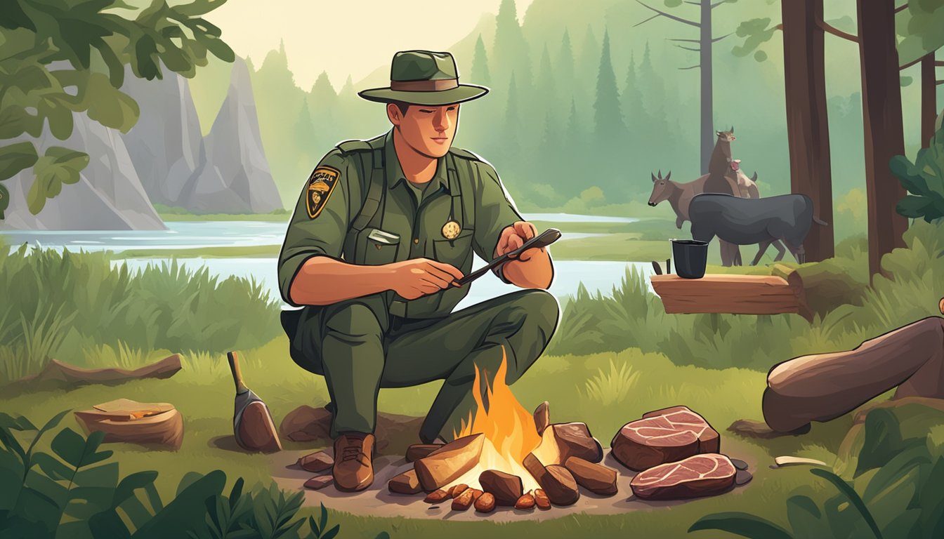 A park ranger preparing a meal of fresh meat and organ meats over a campfire, surrounded by lush greenery and wildlife