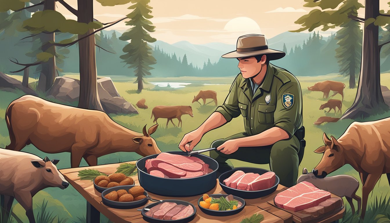 A park ranger preparing a meal of fresh meat and animal products while surrounded by the wilderness and wildlife