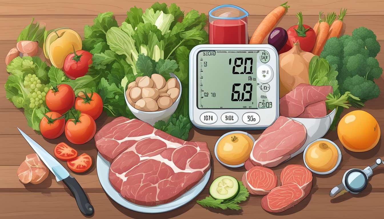 A plate with a variety of raw meats and animal products, surrounded by fresh vegetables and fruits. A blood pressure monitor sits nearby