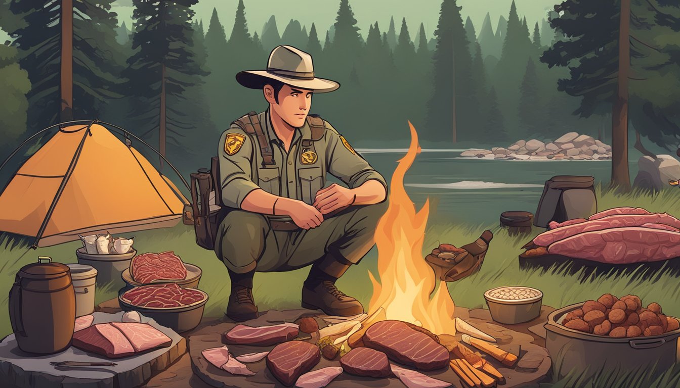 A park ranger surrounded by a variety of raw meats, including beef, poultry, and fish, with a campfire in the background