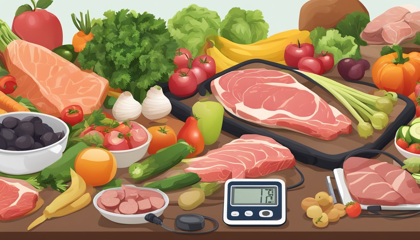 A table set with various meats, vegetables, and fruits, surrounded by exercise equipment and a blood pressure monitor