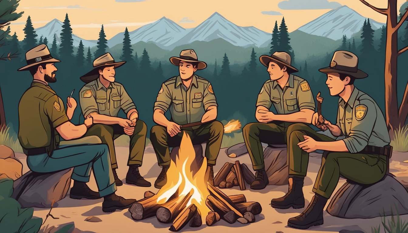 Park rangers gathered around a campfire, sharing personal accounts and recipes while discussing the benefits of the carnivore diet for their physical and mental well-being