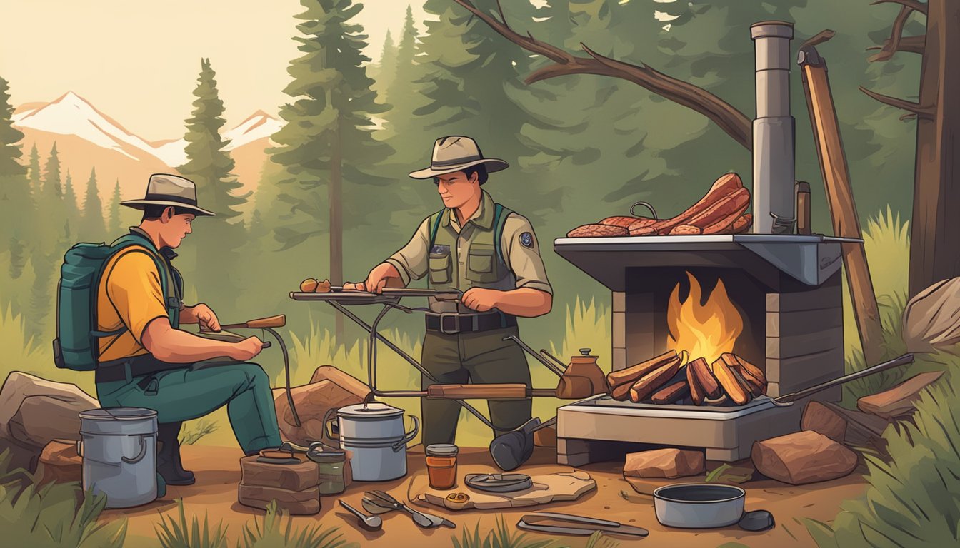 A park ranger cooking meat over a campfire surrounded by various tools and supplies for the carnivore diet