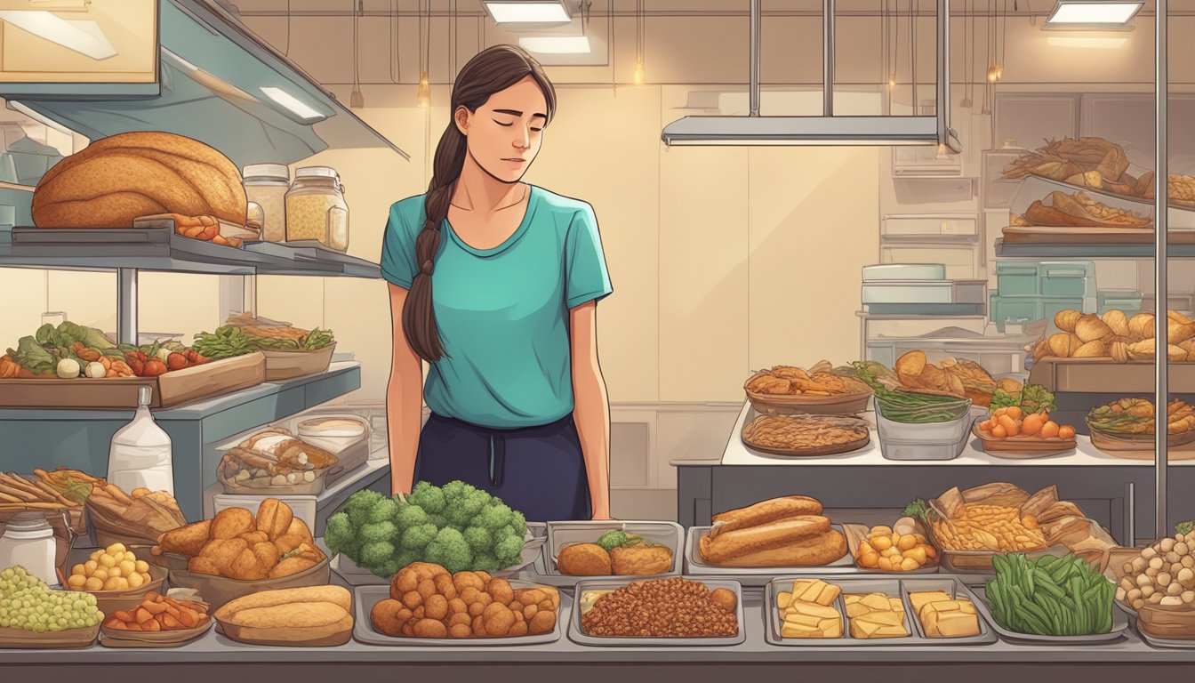 A person with celiac disease struggles to find suitable food options on a carnivore diet, surrounded by limited choices and conflicting nutritional needs