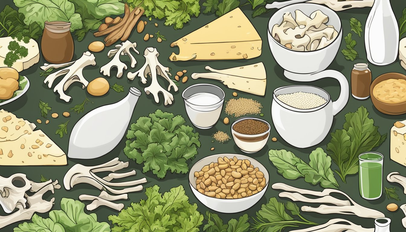 A pile of bones surrounded by leafy greens and dairy products, symbolizing the potential risks and considerations of the carnivore diet for people with osteoporosis