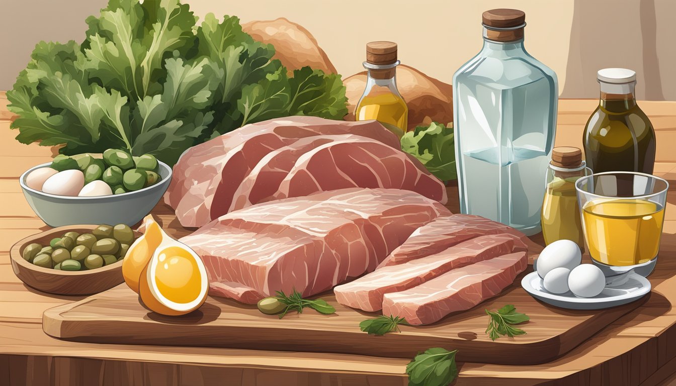 A variety of fresh meats, fish, eggs, and leafy greens arranged on a wooden cutting board, with a glass of water and a bottle of olive oil nearby