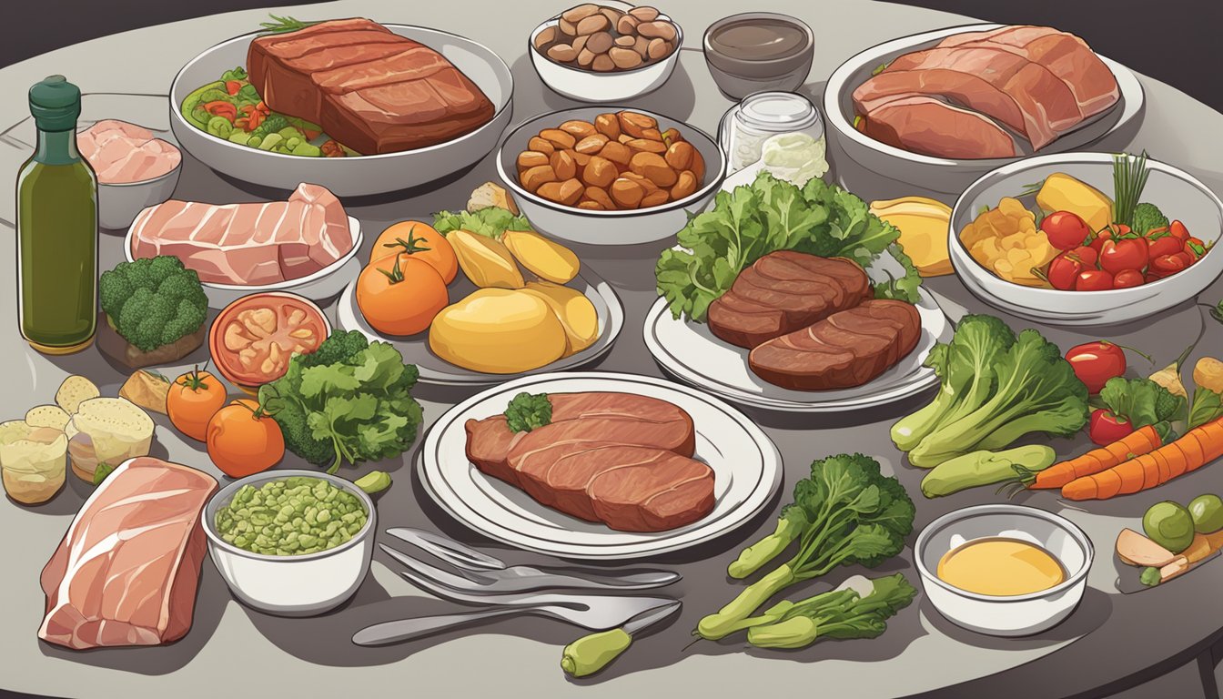 A table set with various meats, fish, and vegetables, alongside a meal plan and supplement bottles