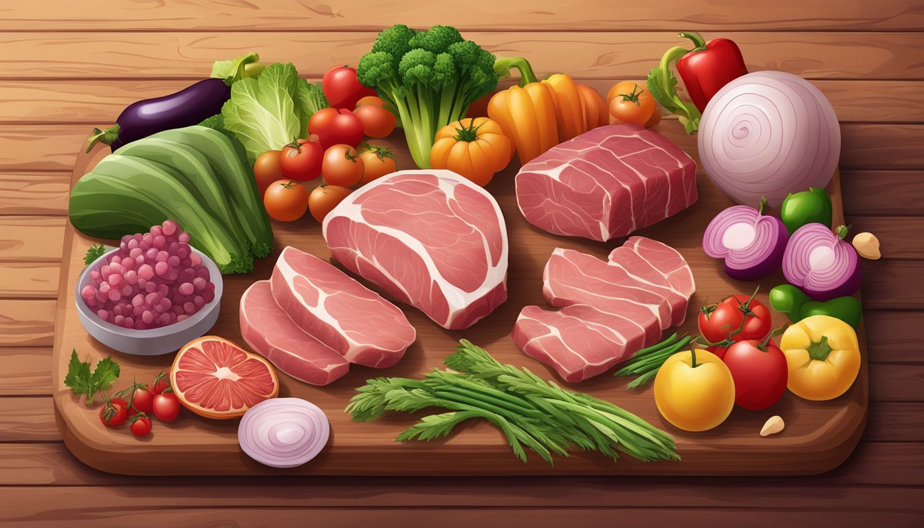 A variety of fresh, raw meats and organ meats arranged on a wooden cutting board, surrounded by colorful vegetables and fruits