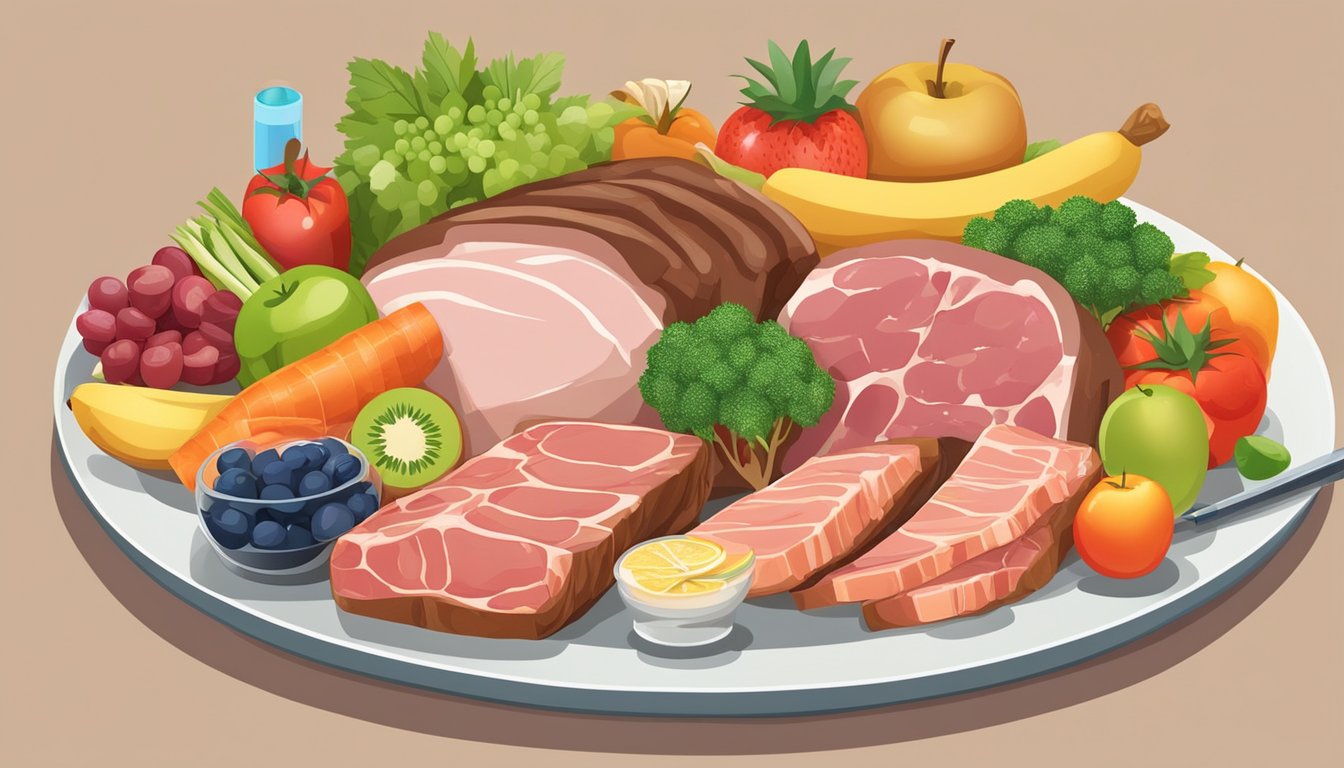 A plate filled with various meats and animal products, surrounded by colorful fruits and vegetables, with a measuring tape and a cholesterol meter nearby