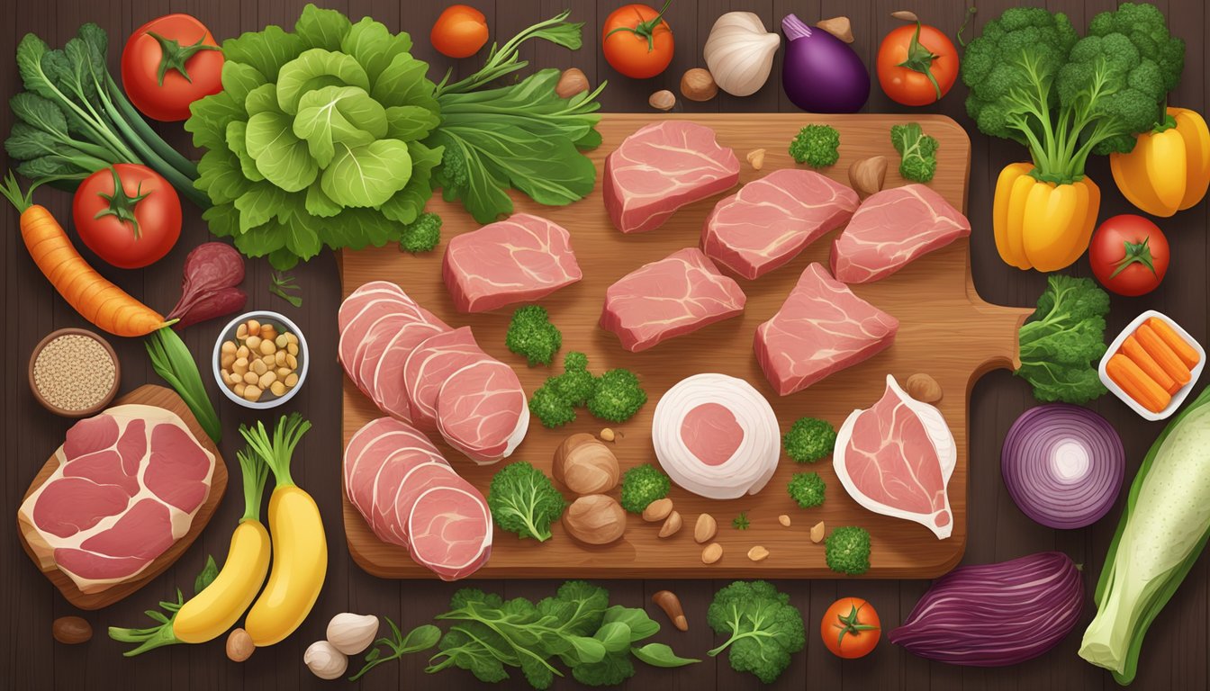 A variety of fresh, raw meats and animal products arranged on a wooden cutting board, surrounded by leafy greens and colorful vegetables