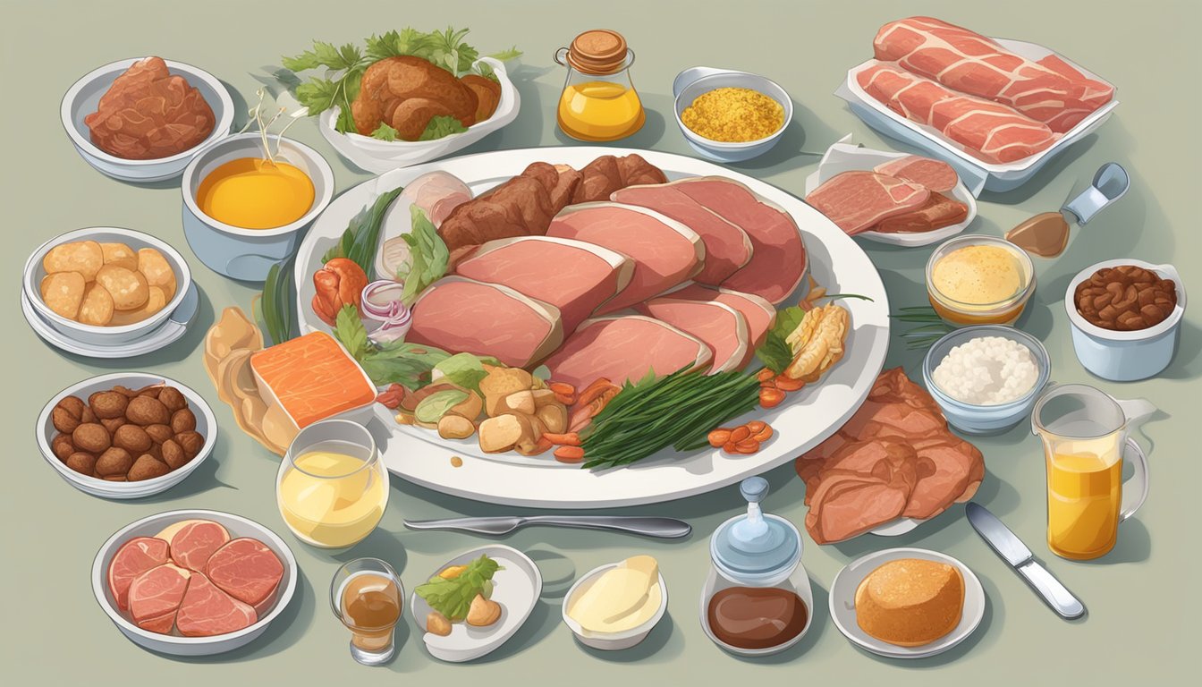 A plate with various meats and cholesterol-rich foods, surrounded by caution signs and medical documents