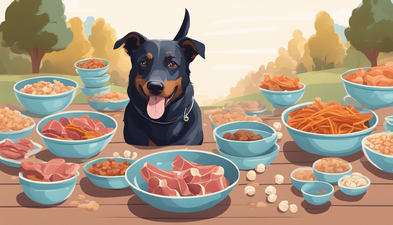 A happy and energetic dog playing outside with a shiny coat and bright eyes, surrounded by bowls of raw meat and bones