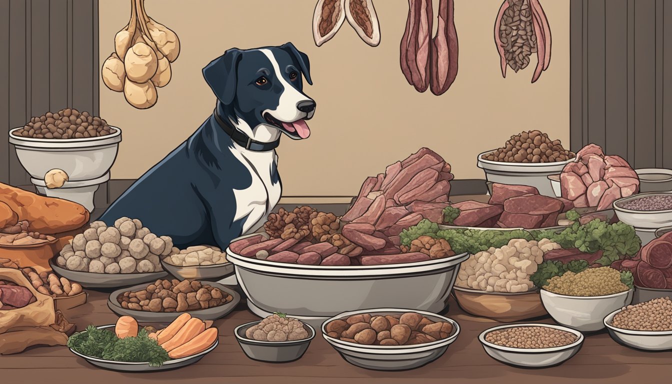 A dog surrounded by various raw meats, bones, and organs, with a bowl of kibble in the background