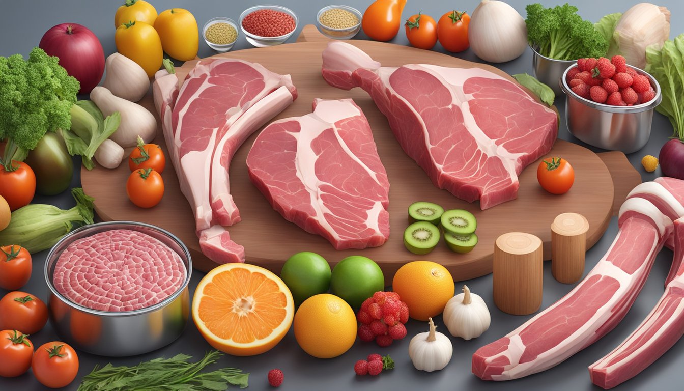 A variety of raw meat, bones, and organs arranged on a clean, stainless steel countertop, with colorful fruits and vegetables in the background