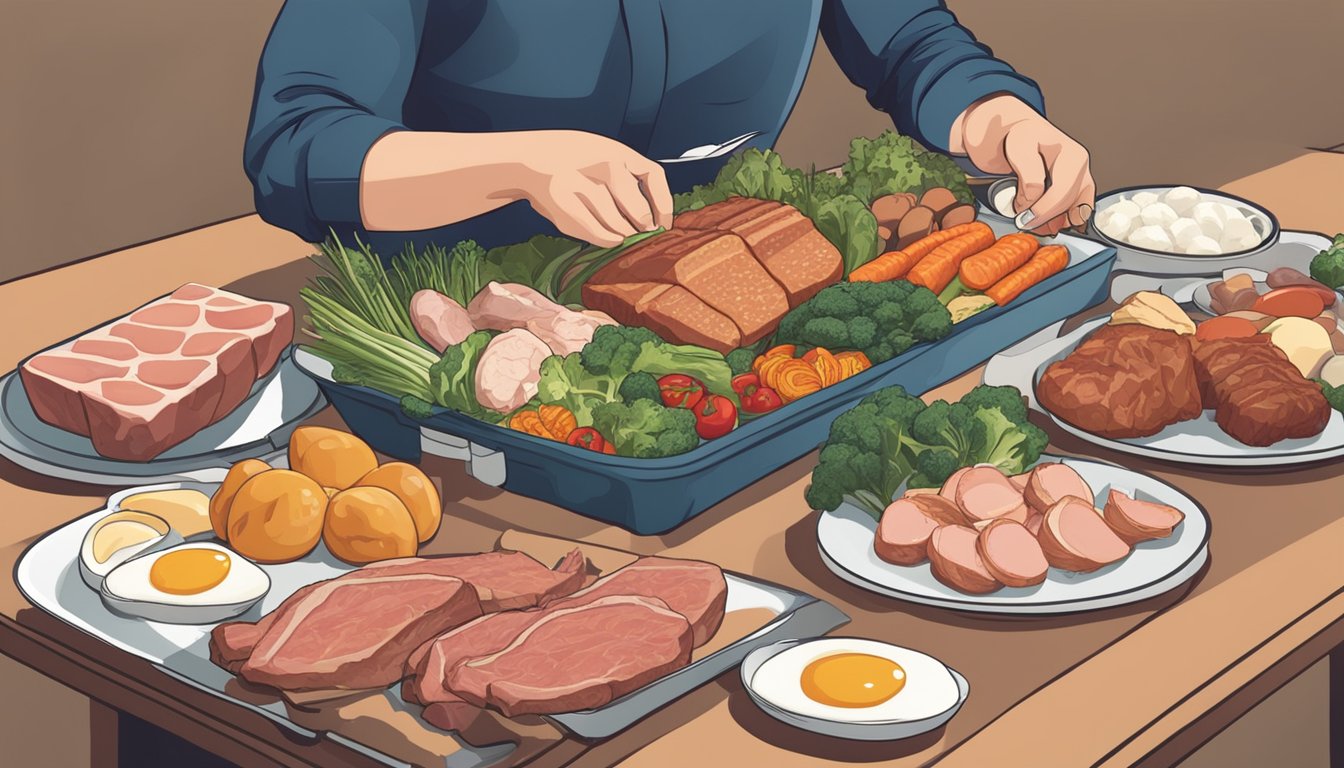 A table filled with various meats, fish, eggs, and low-fiber vegetables. A person with IBS carefully selecting food items and reading nutrition labels