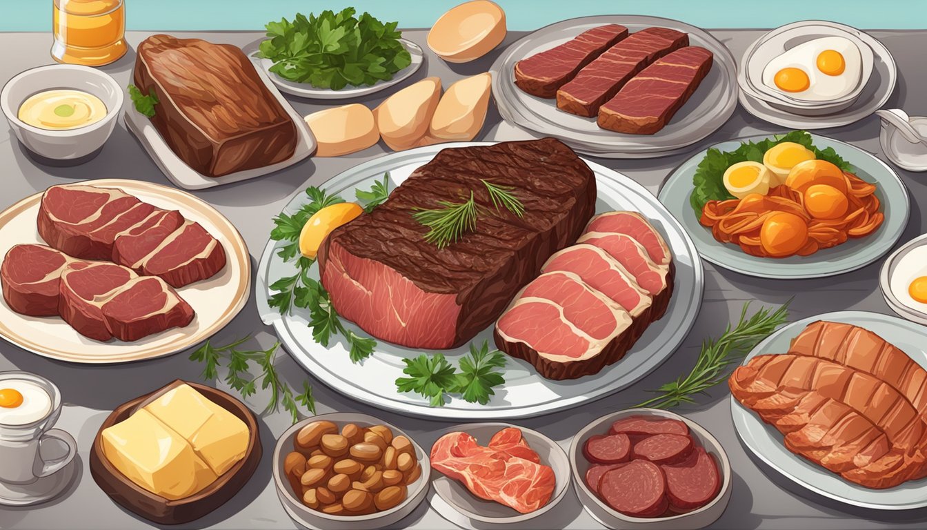 A table with a variety of high-quality meats and animal products, such as steak, eggs, and fish, arranged neatly on a plate