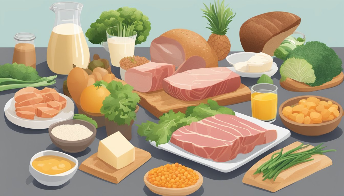 A variety of animal-based foods arranged on a table, including meat, fish, eggs, and dairy, with a focus on low-fiber options for IBS