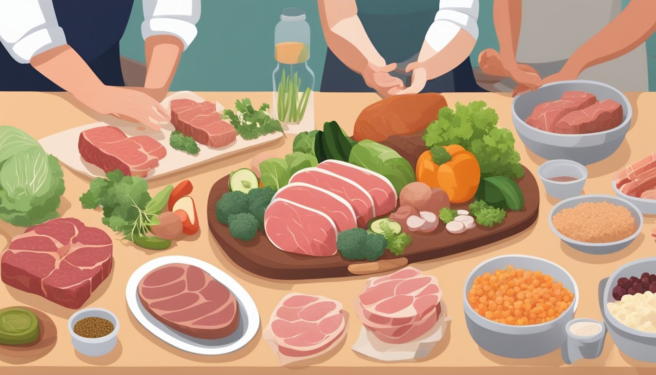 A variety of fresh, whole meats and low-fiber, non-dairy foods arranged on a table with a nutritionist providing guidance to a person with IBS