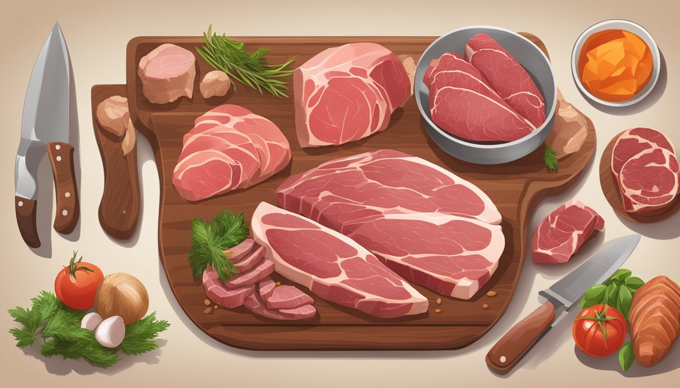 A selection of raw meats, including various cuts of beef, pork, and poultry, displayed on a wooden cutting board with sharp knives and cooking utensils nearby