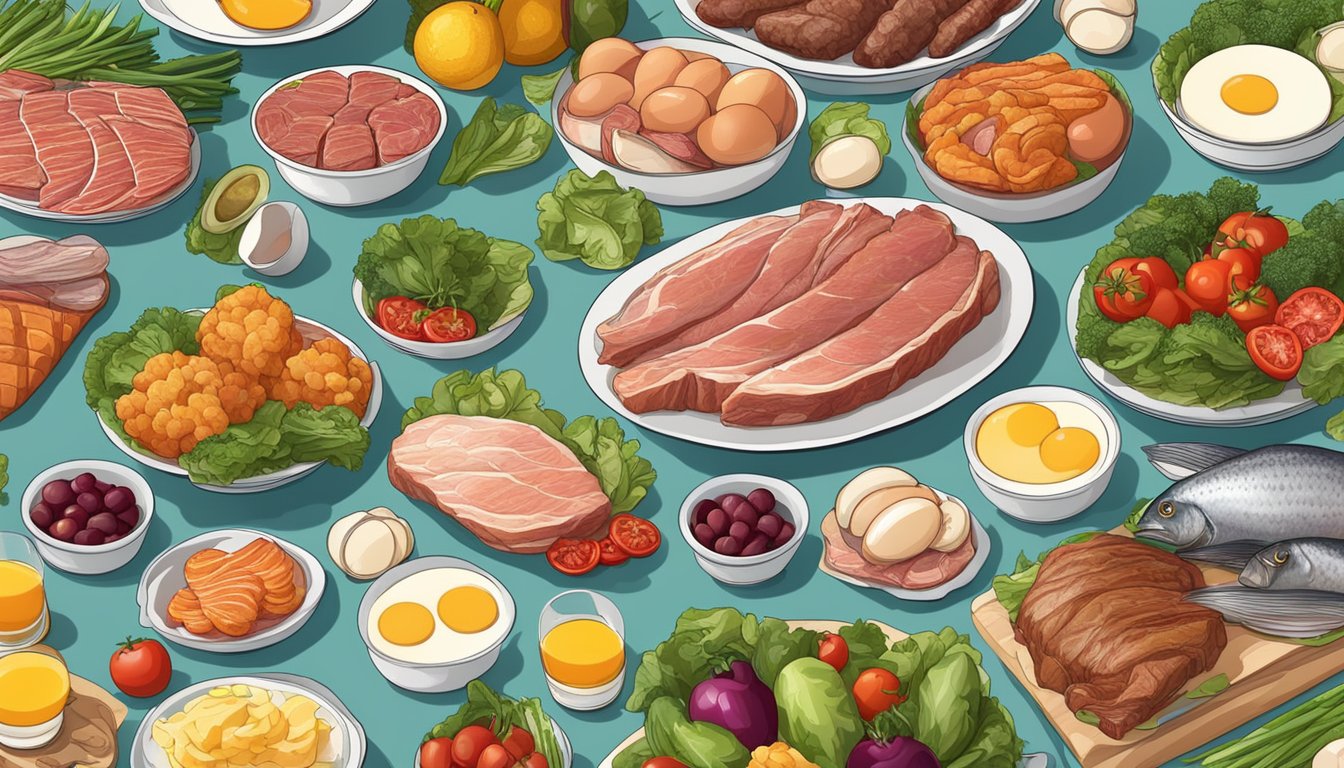 A table set with a variety of meats, fish, and eggs, surrounded by fresh vegetables and fruits