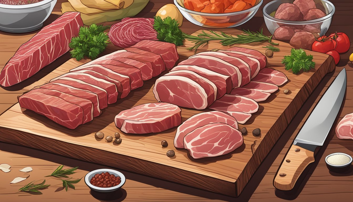 A variety of raw meats displayed on a cutting board with knives and seasoning, ready for preparation