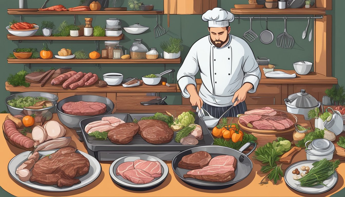 A professional chef preparing a variety of meats and animal products for a carnivore diet, surrounded by fresh ingredients and cooking utensils