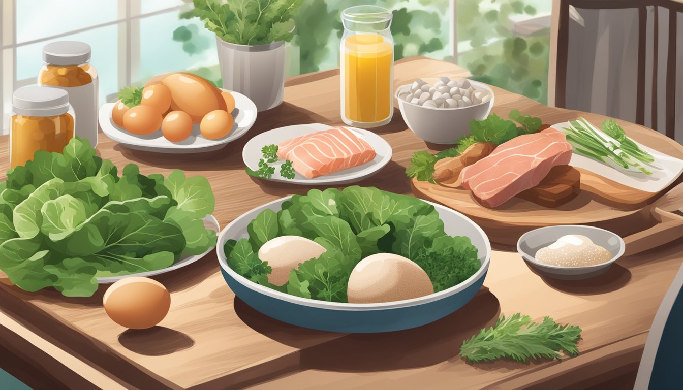 A table with various foods: meat, fish, eggs, and leafy greens. Supplements and vitamins are also present