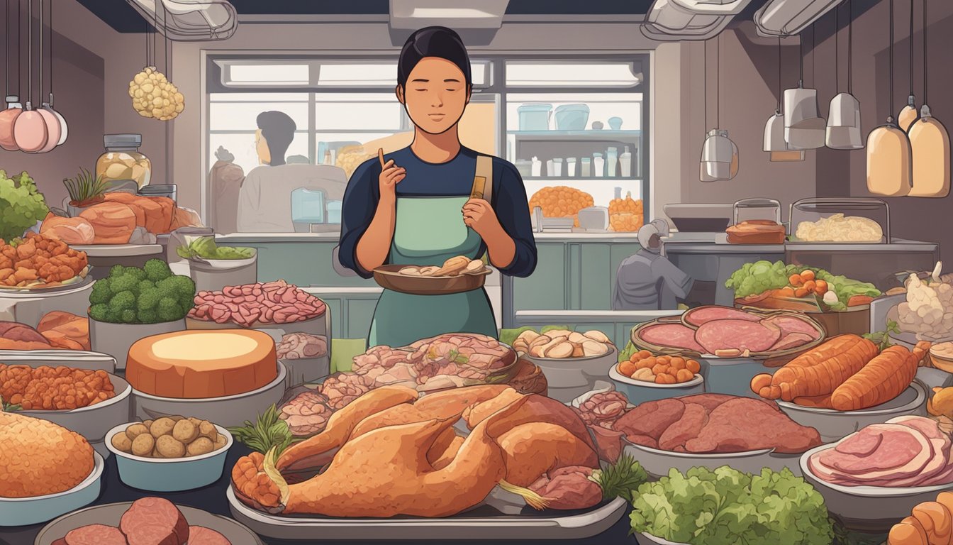 A person with lupus surrounded by various meats and animal products, while other dietary options are displayed in the background