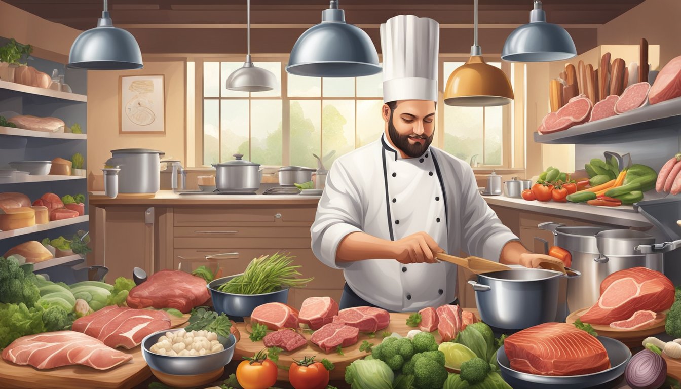 A chef preparing a variety of meats and animal products, surrounded by fresh produce and cooking utensils