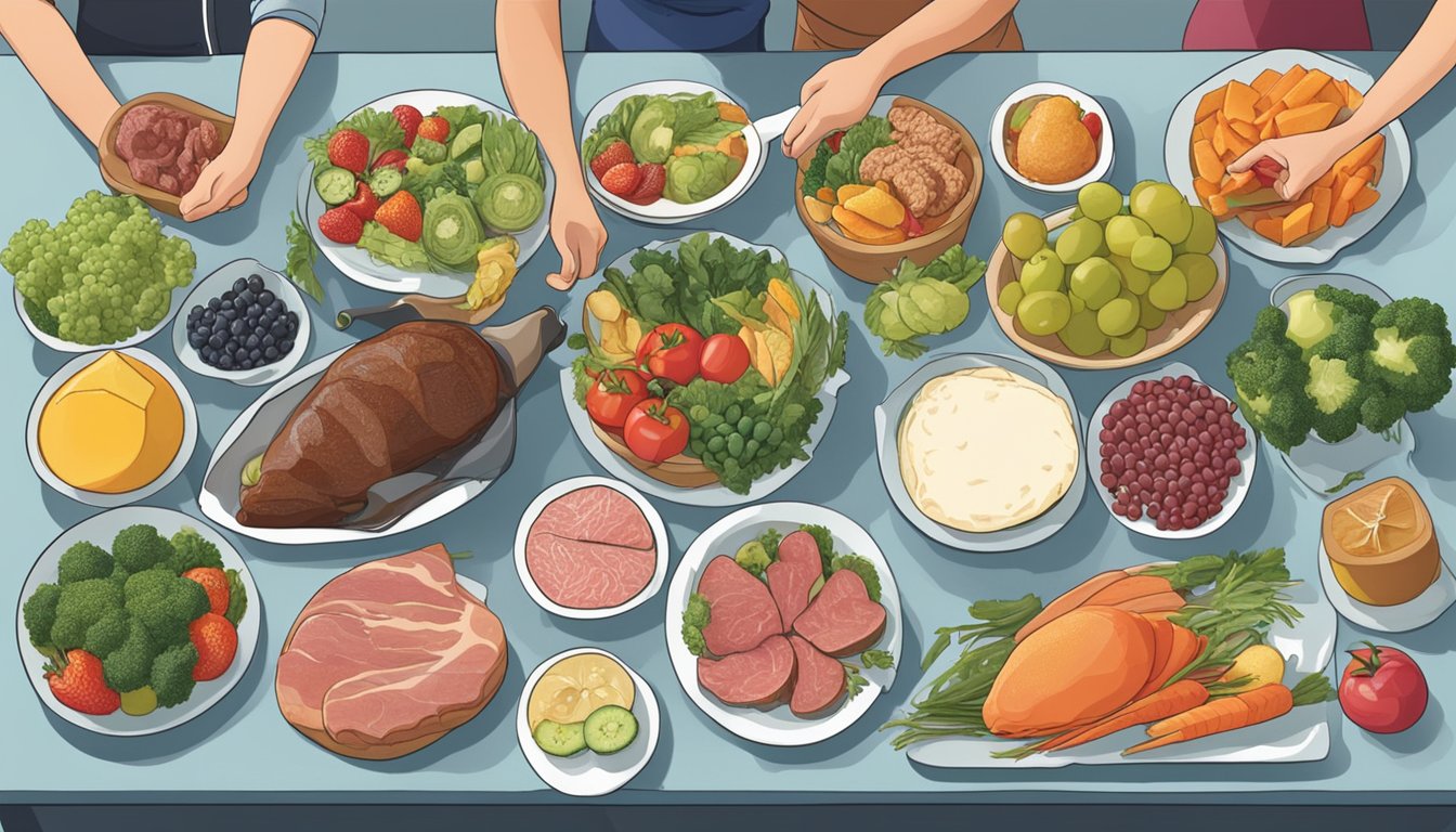 A table set with various meats, vegetables, and fruits, with a person avoiding grains and dairy