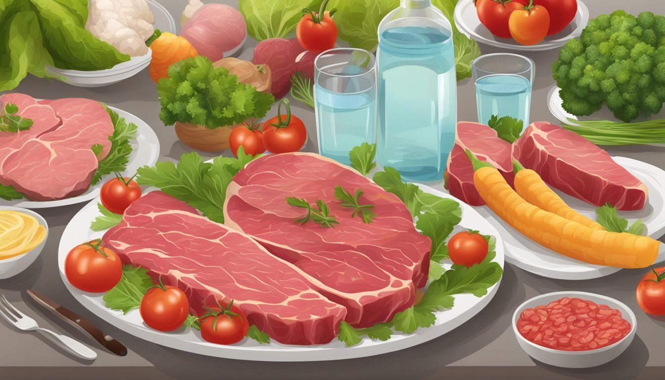 A table with raw meat, fresh vegetables, and water