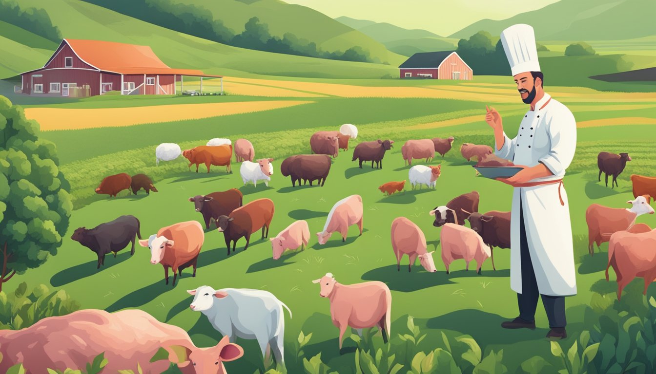 A chef sourcing local, organic meat from a sustainable farm, surrounded by lush green fields and animals grazing freely