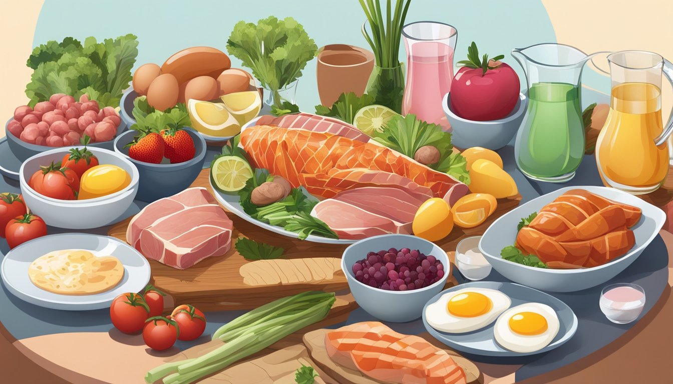 A table set with a variety of meats, fish, and eggs, surrounded by colorful fruits and vegetables, with a glass of water