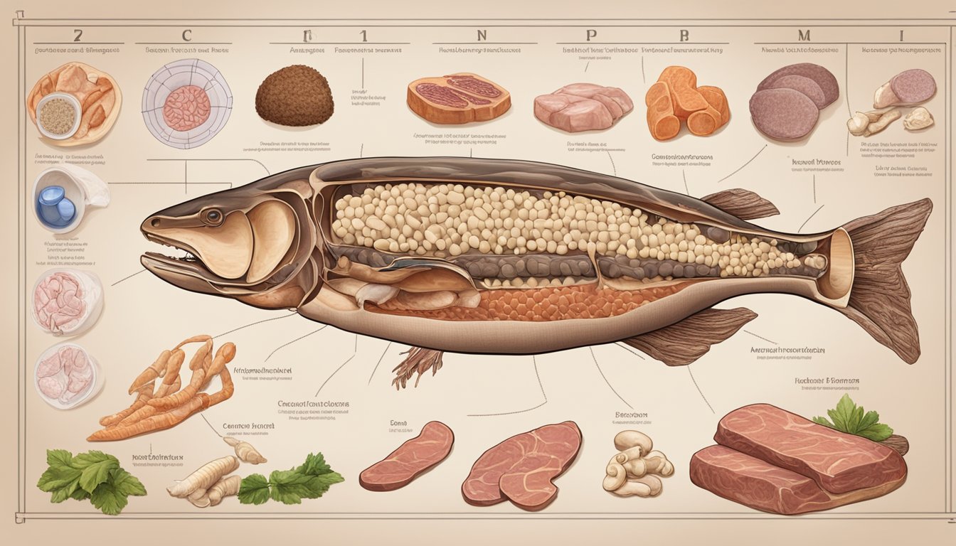 A table with various meats, organs, and bones laid out, surrounded by medical charts and images of the pancreas