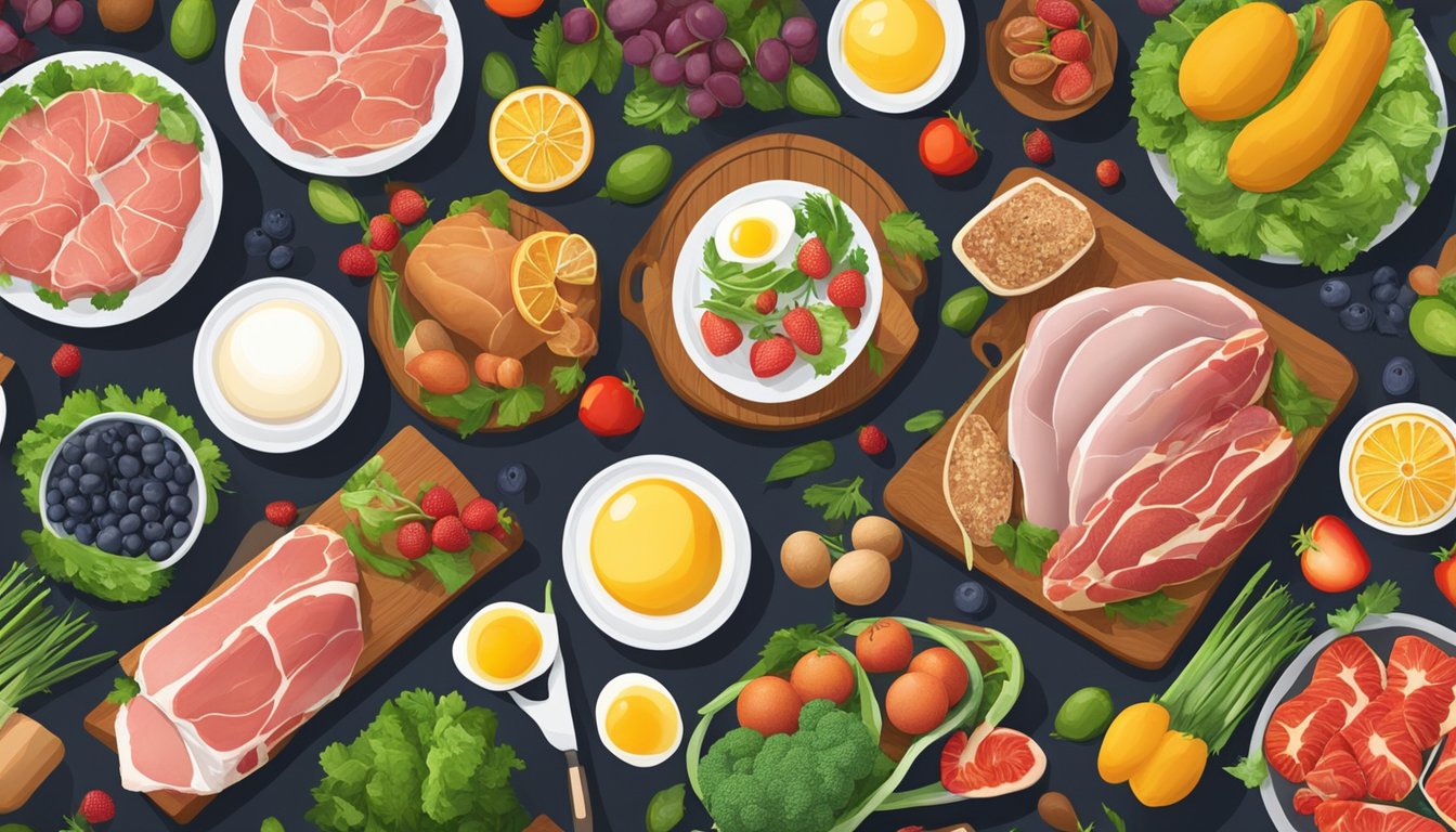 A table set with a variety of fresh meats, fish, and eggs, surrounded by colorful fruits and vegetables