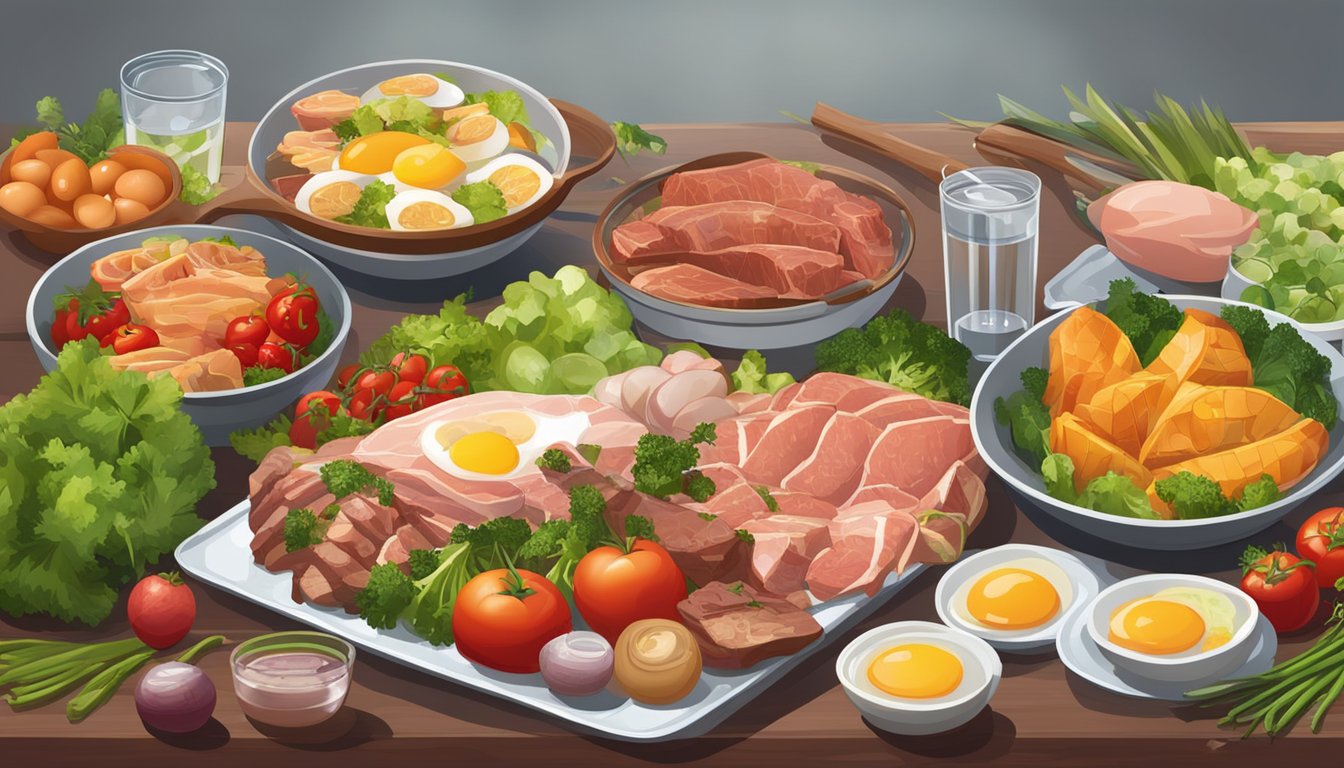 A table set with a variety of cooked meats, fish, and eggs, surrounded by fresh vegetables and fruits, with a glass of water