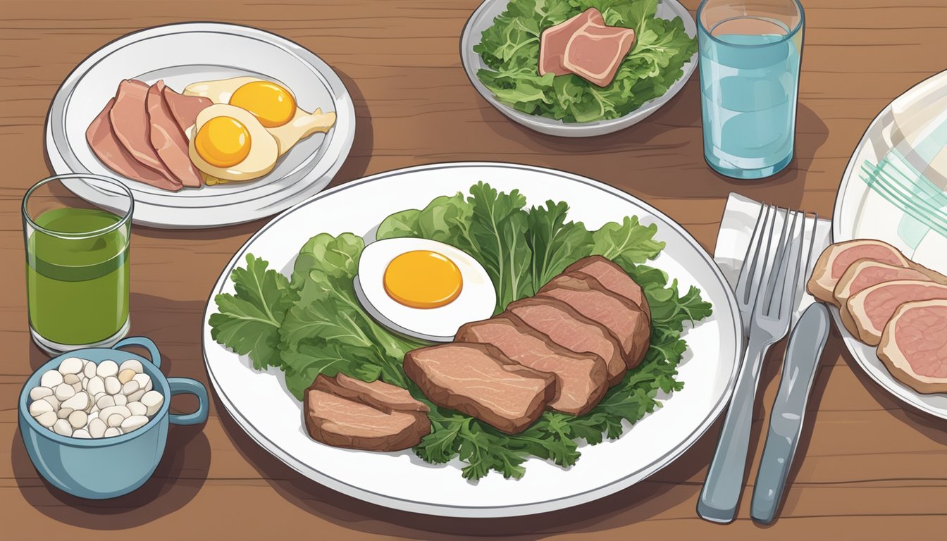 A dining table with a plate of assorted meats, eggs, and leafy greens, alongside a glass of water and a digestive enzyme supplement