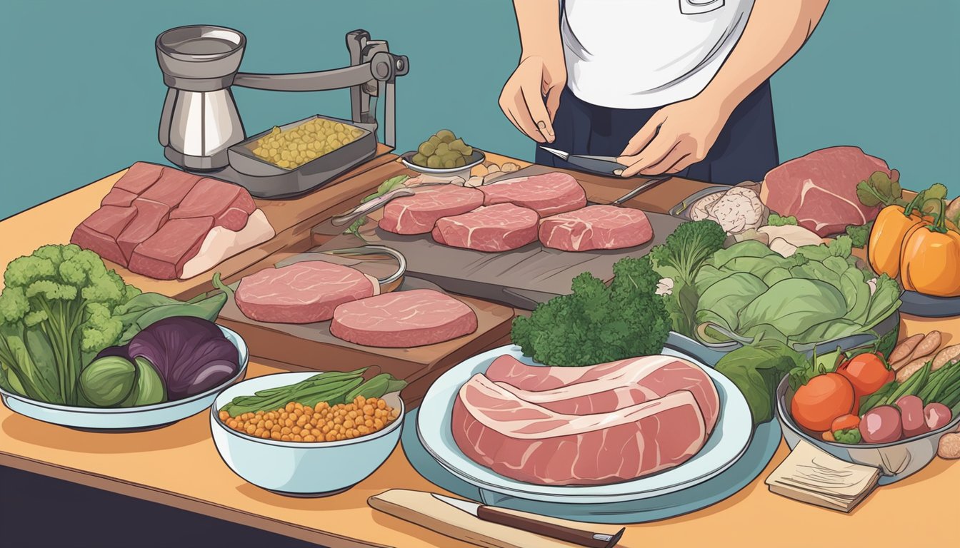 A table with various raw meats, vegetables, and a scale for weighing food portions. A person writing in a journal with a list of monitored health outcomes