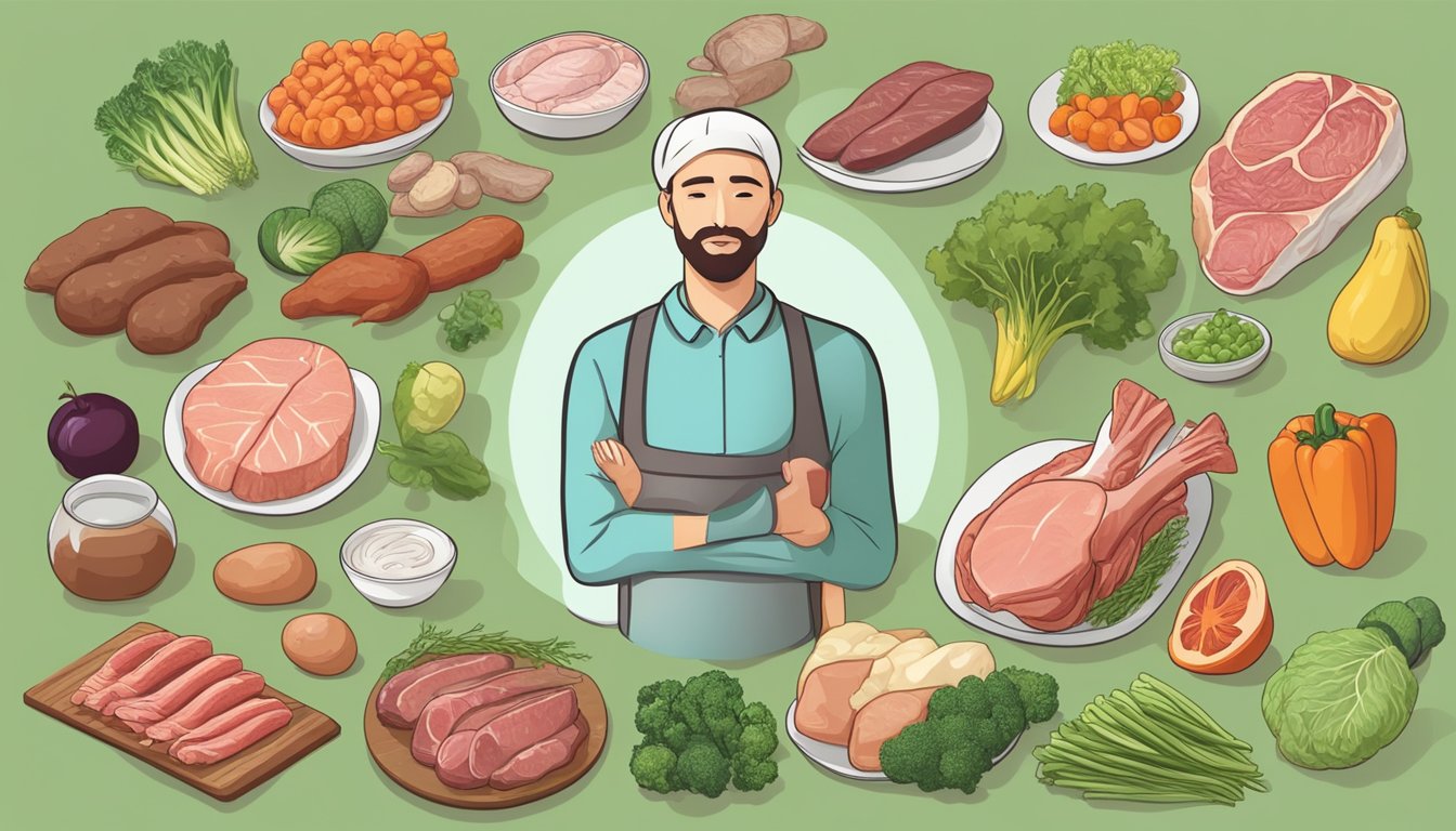 A person with thyroid issues surrounded by a variety of meats and vegetables, weighing the potential benefits and risks of the carnivore diet