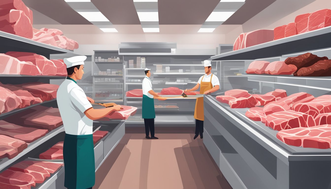 A butcher slicing raw meat in a busy retail shop, surrounded by shelves stocked with fresh cuts of beef, pork, and poultry