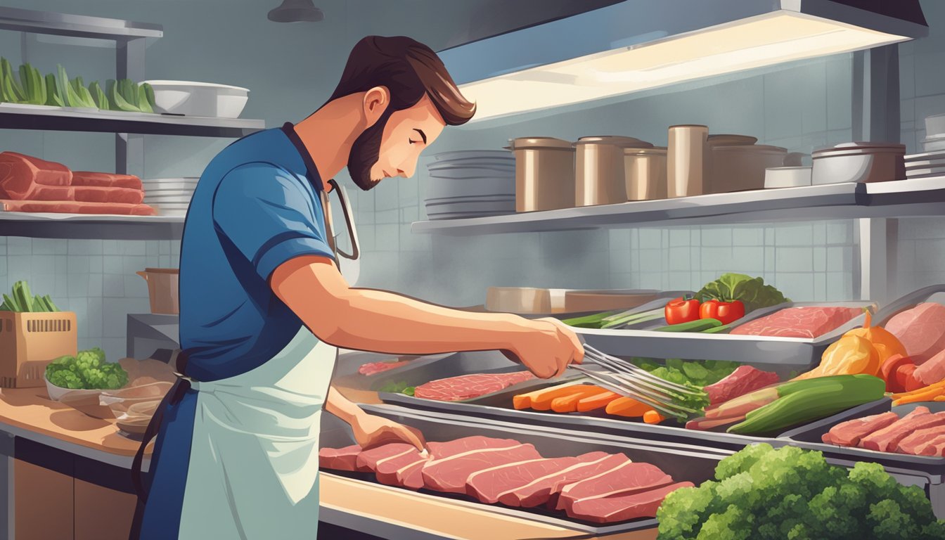 A retail worker preparing and eating a meal of fresh meat and vegetables in a well-stocked kitchen