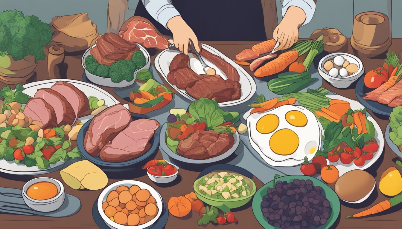 A table set with a variety of meats, fish, and eggs, surrounded by colorful vegetables and fruits. A person with a thyroid condition prepares a meal following the carnivore diet guidelines