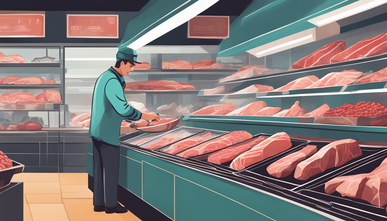 A butcher selecting fresh cuts of meat from a display case in a bustling market