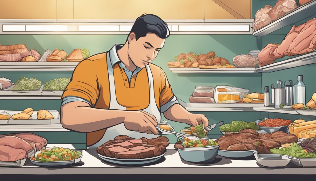 A retail worker preparing and consuming a meal consisting of meat, eggs, and other carnivorous foods, with a focus on protein and fat