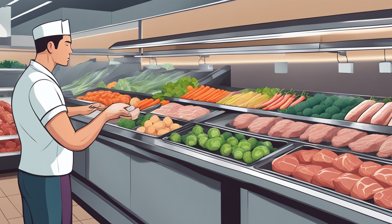 A retail worker preparing a variety of fresh meats and vegetables for display in a grocery store