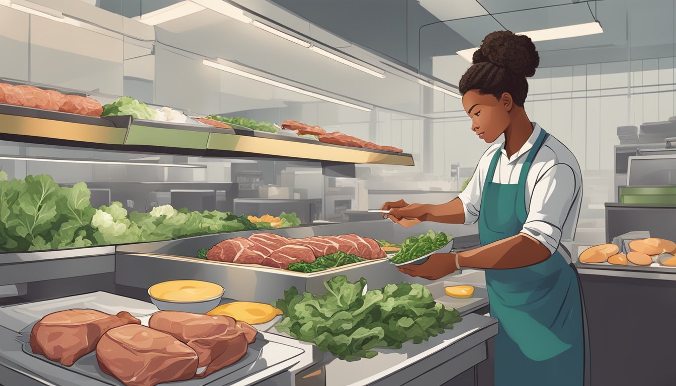 A retail worker preparing and eating a meal consisting of meat, eggs, and leafy greens at their work station